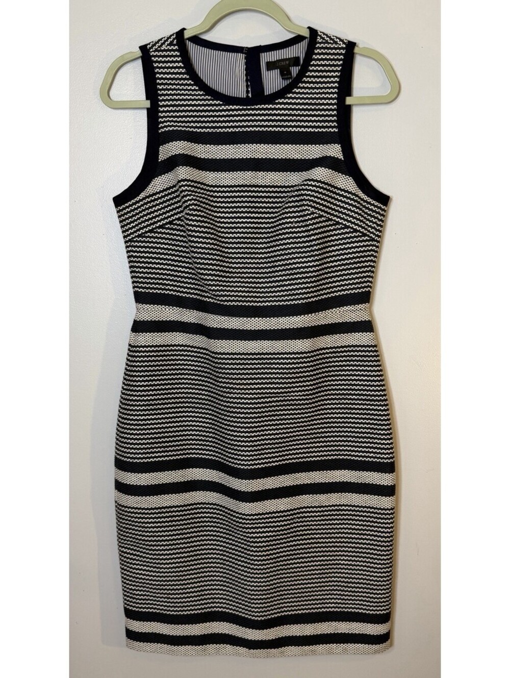 J Crew Textured Tweed Striped Sheath Dress Sleeveless Navy White Back Tie 4 Work